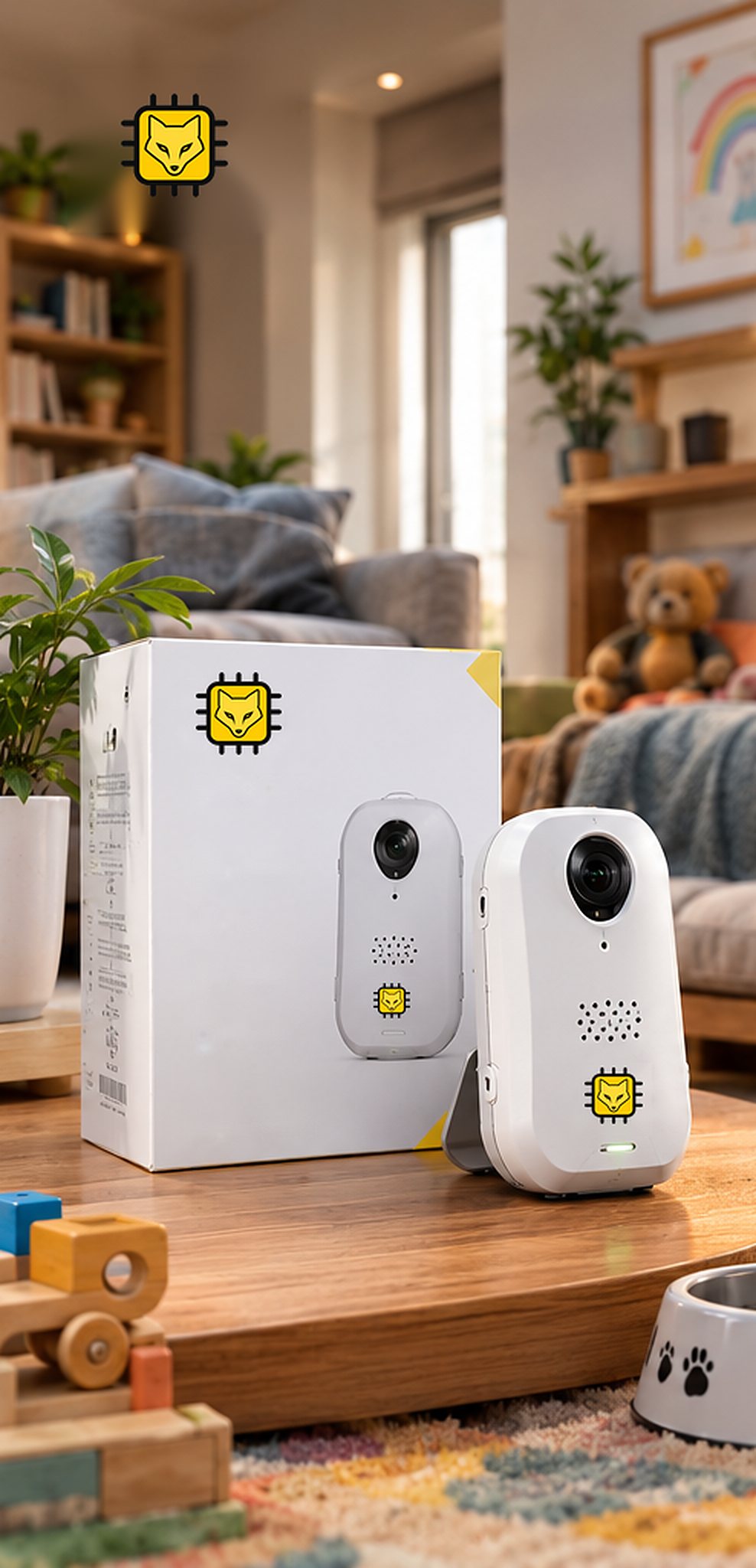 XO Indoor — a compact white XO Series device with its retail box, placed in a family living room