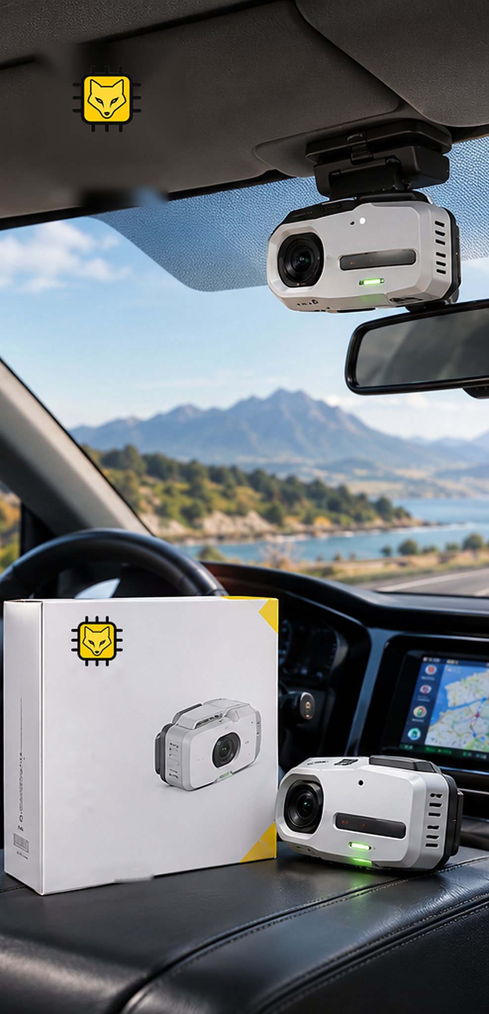 XO Mobile — a compact white XO Series unit mounted on a vehicle windshield with its retail box on the dashboard