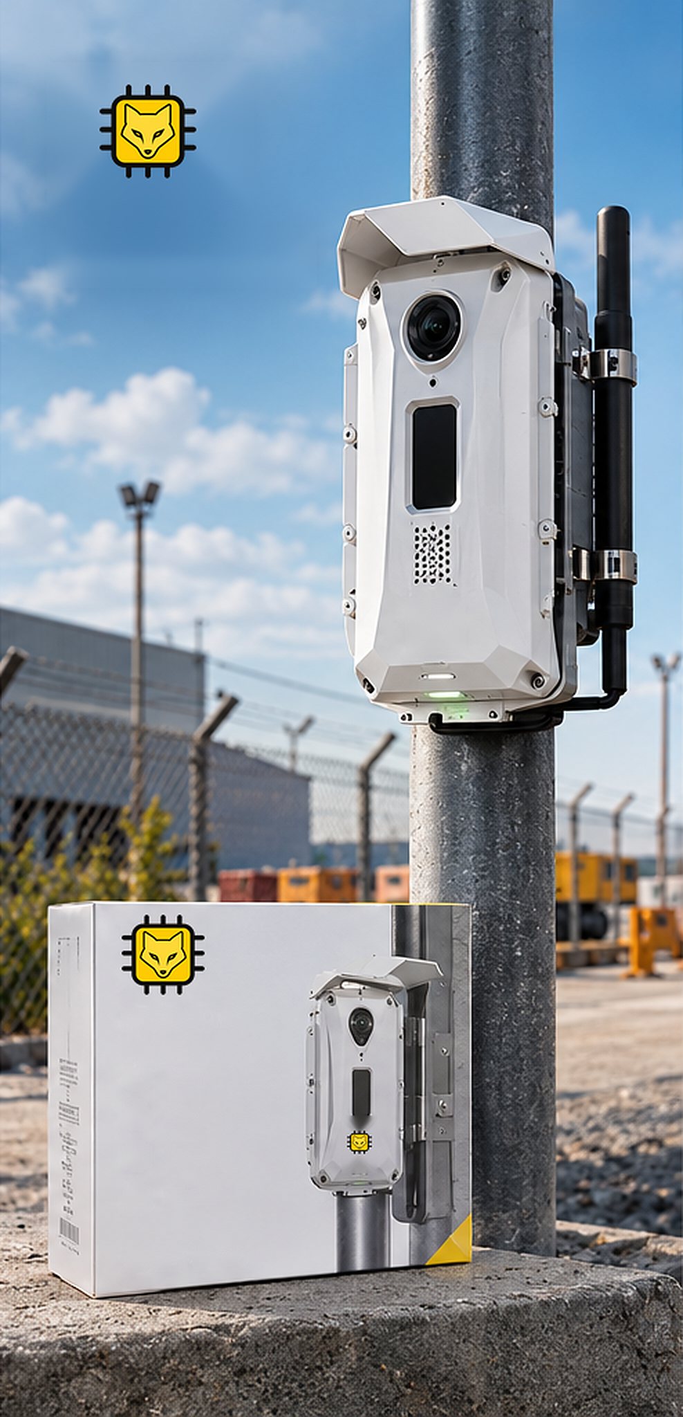 XO Perimeter — a white weatherproof XO Series unit with antenna mounted on a pole beside an industrial fence